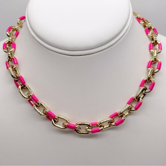 J. Crew Bright Pink and Gold Links Toggle Necklace - Picture 1 of 3